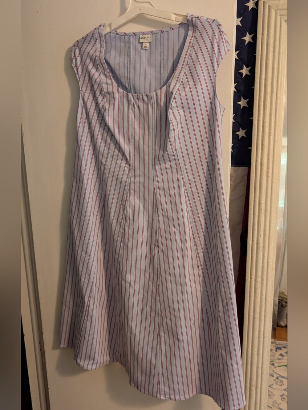 Sleeveless White Skirt with Red Pinstripes